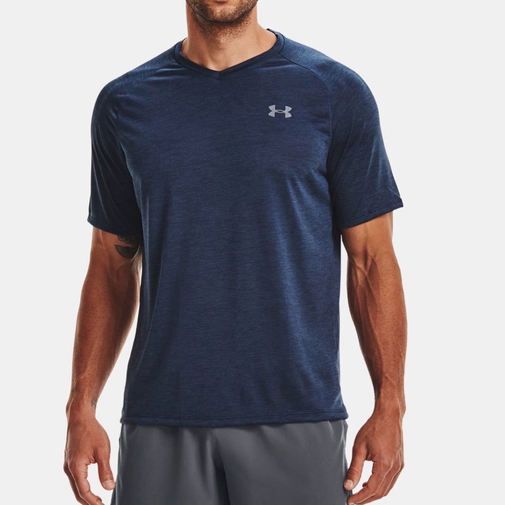 Under Armour UA Tech V-Neck TShirt Academy Blue Loose Dryfit Men’s Size M